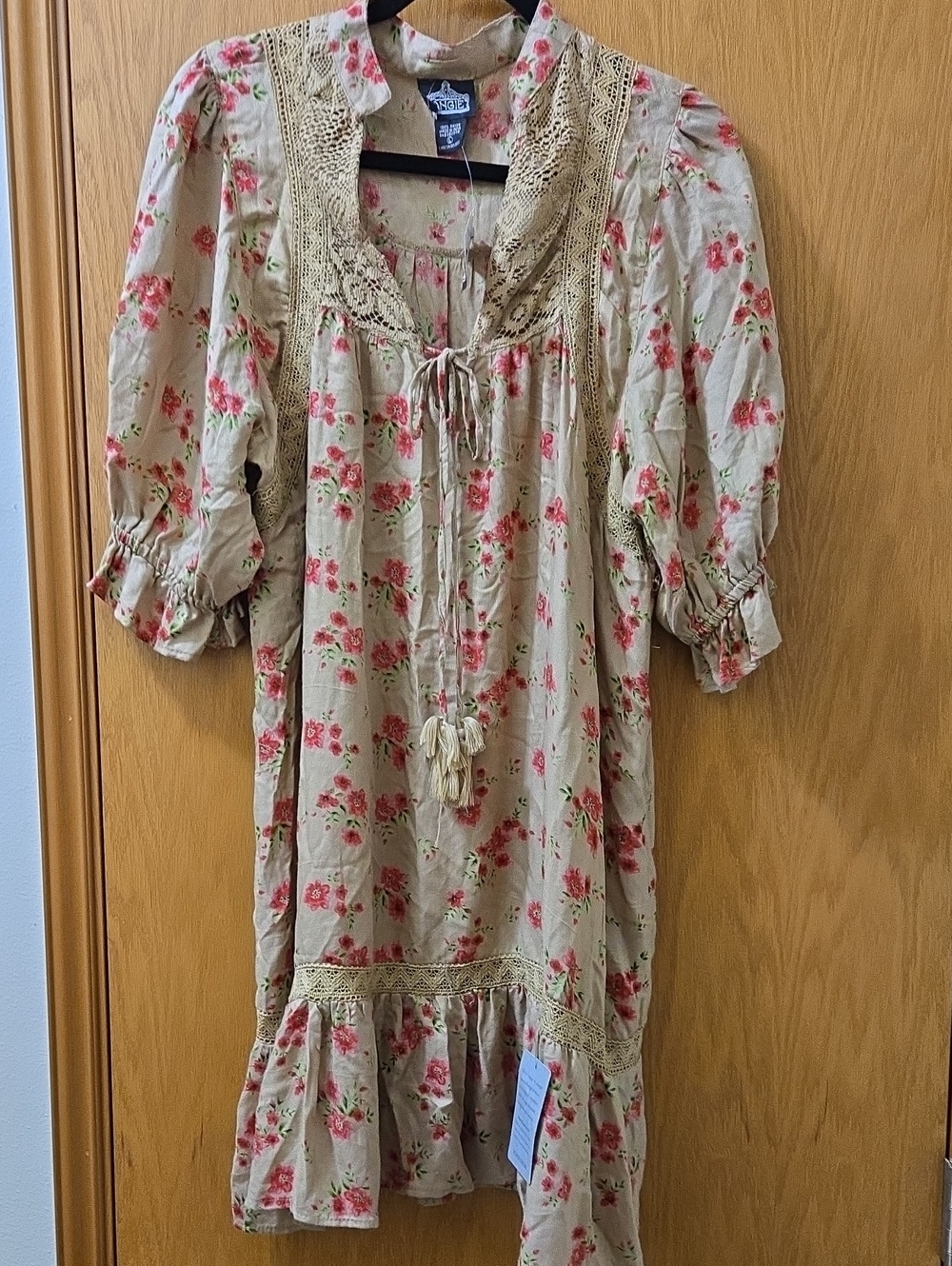 Angie Tan Dress with Pink Floral Print and Crochet Trim